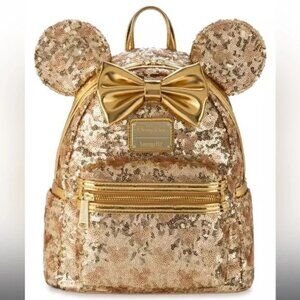 NEW Sparkling Loungefly Minnie Mouse gold sequin mini backpack with bow & 3D ear